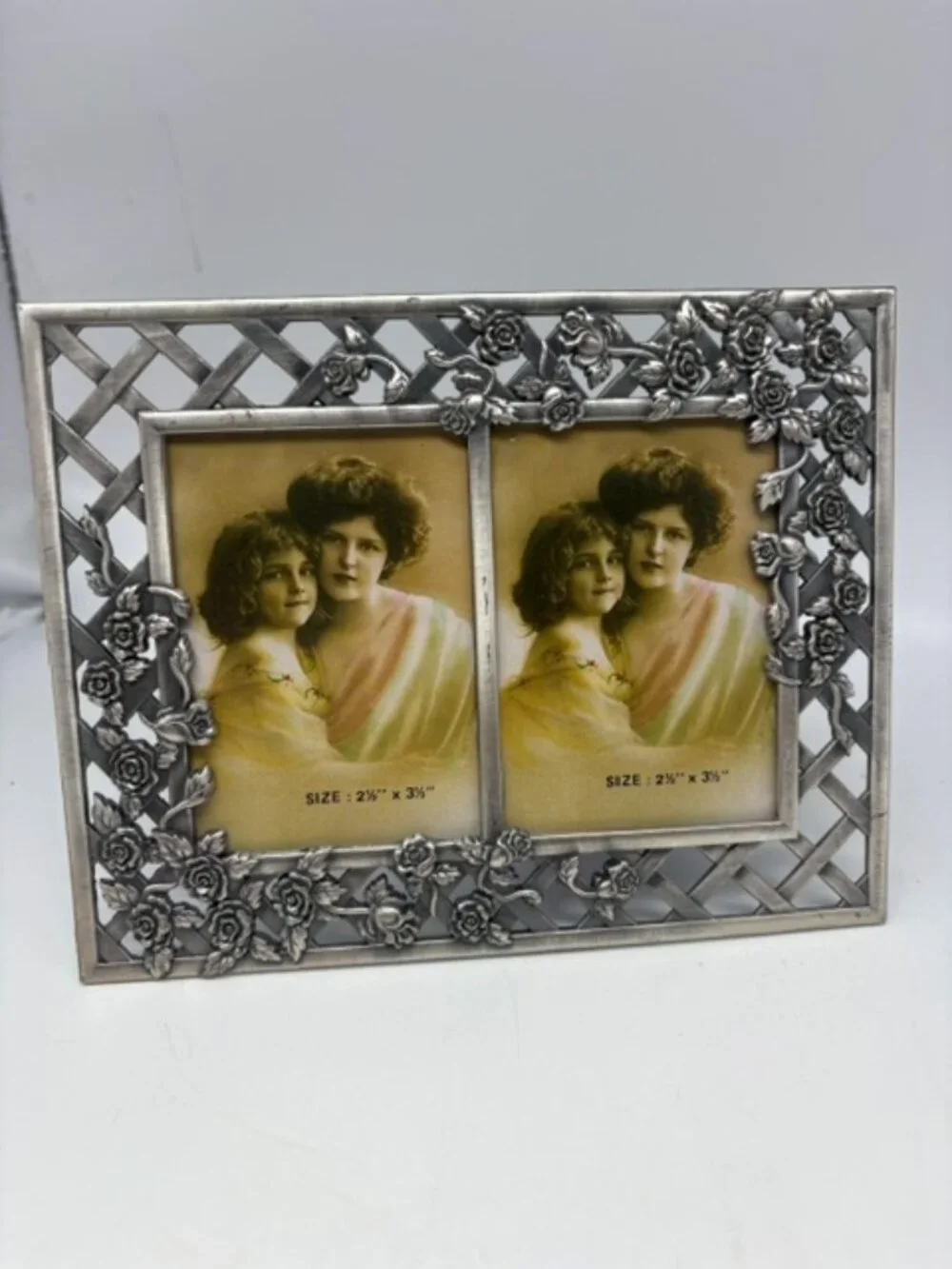 Double PICTURE FRAME Metal Silvertone 2 2.5x3.5” Photos - Roses and Trellis